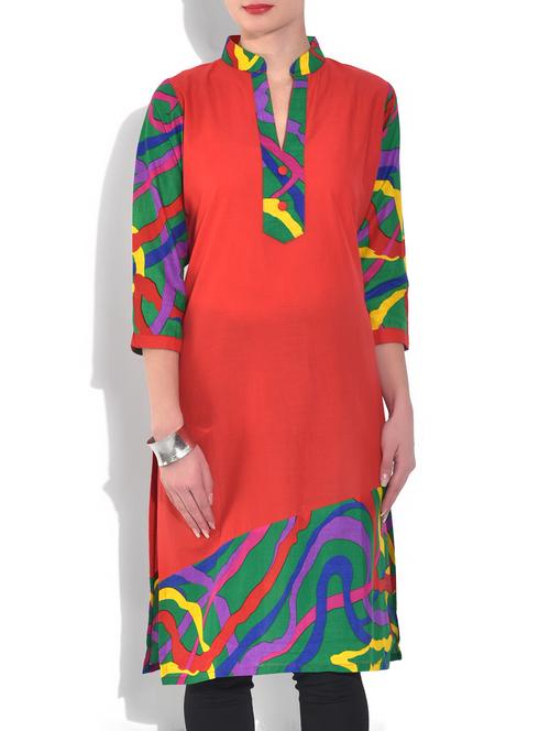 maroon painted cotton kurta - 9560053 - Very Small Image - 1