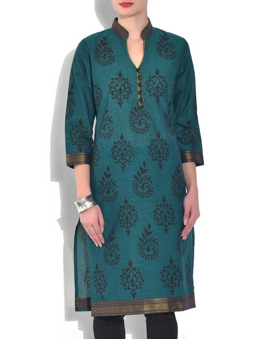 teal green painted cotton kurta - 9560056 - Very Small Image - 1