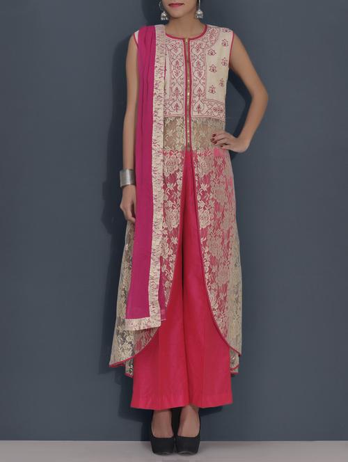 cream and coral embroidered suit set - 9564440 - Very Small Image - 1