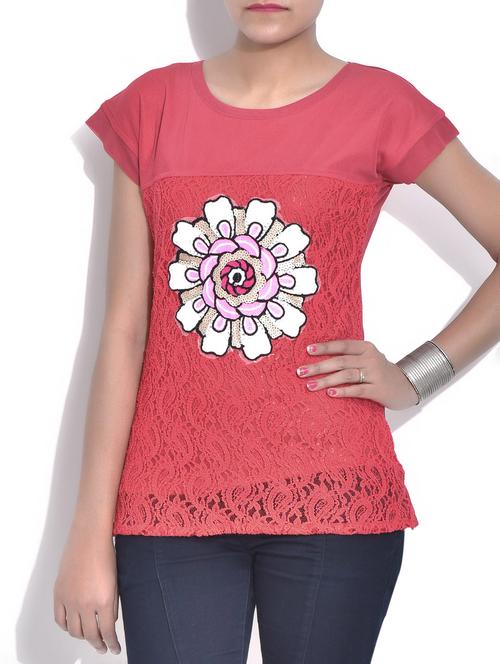 Rust Net Top with Floral Applique - 9568662 - Very Small Image - 1