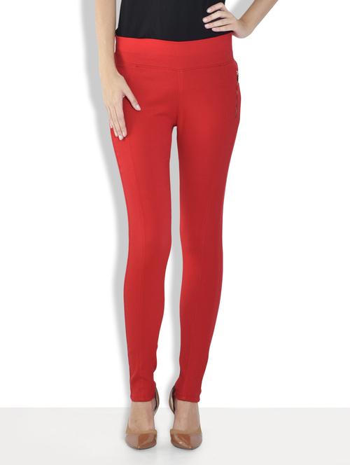 solid red cotton lycra jeggings - 9569714 - Very Small Image - 1