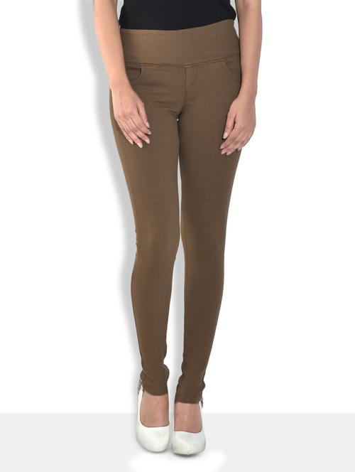 solid brown cotton lycra jeggings - 9569719 - Very Small Image - 1