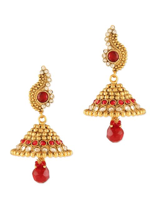 gold and red crystal studded jhumka earrings - 9570217 - Very Small Image - 1