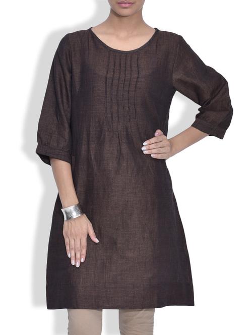 Solid Brown Linen Kurta - 9571940 - Very Small Image - 1