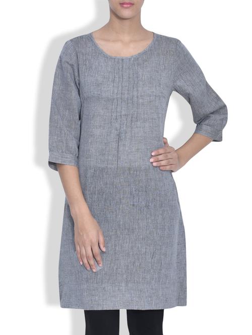 Solid Grey Linen Kurta - 9571943 - Very Small Image - 1