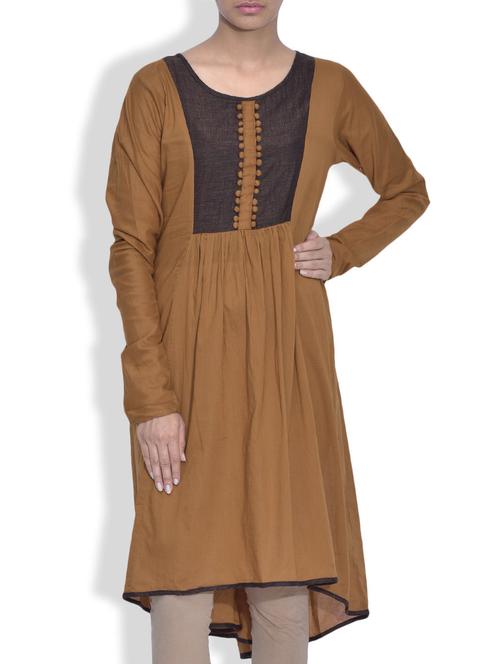 Tan full sleeved cotton kurta - 9571945 - Very Small Image - 1