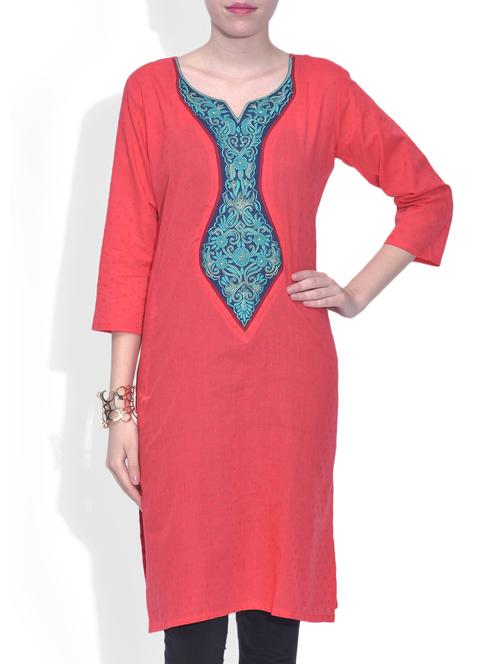 red cotton solids three quarter sleeved kurti - 9574275 - Very Small Image - 1