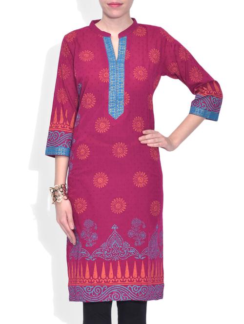 pink cotton printed three quarter sleeved kurti - 9574287 - Very Small Image - 1