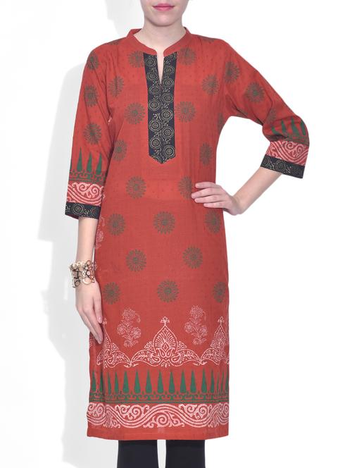 red cotton printed three quarter sleeved kurti - 9574290 - Very Small Image - 1