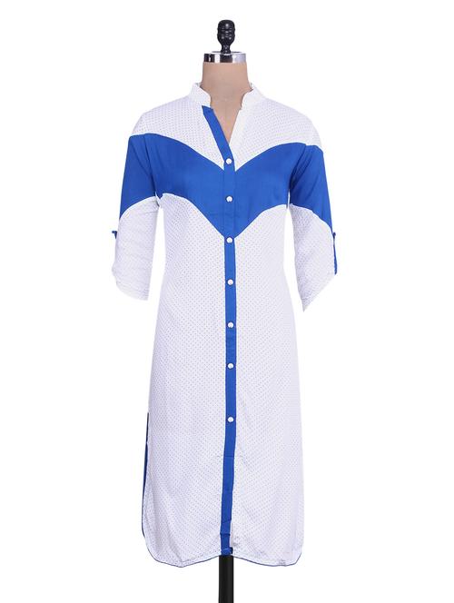 white and royal blue printed rayon kurti - 9576385 - Very Small Image - 1