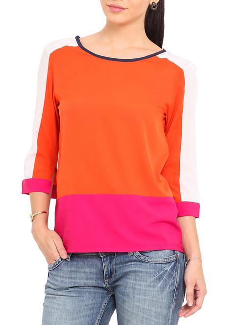orange color blocked polyester top - 9578824 - Very Small Image - 1