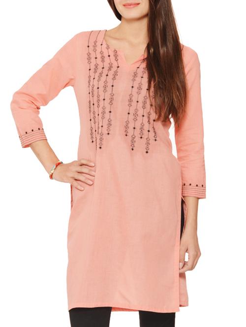 Peach Embroidered Voile Kurta - 9579541 - Very Small Image - 1
