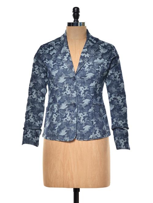 Blue Printed Denim Lycra Jacket - 958085 - Very Small Image - 1