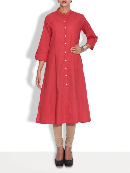 Red cotton a-line kurta - 9584196 - Very Small Image - 1