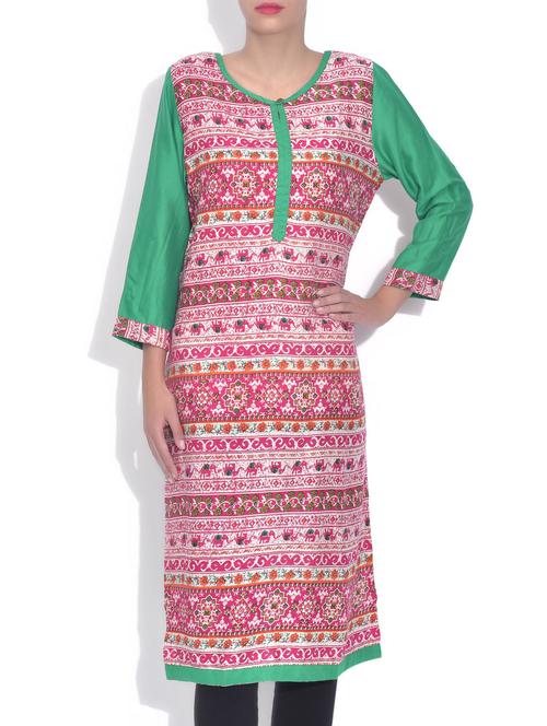 pink rayon printed three quarter sleeved kurti - 9585080 - Very Small Image - 1