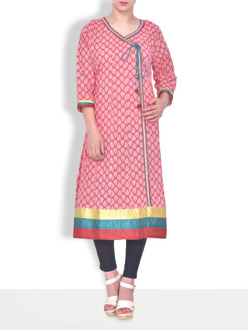 Red Cotton Printed Angrakha Kurta - 9585219 - Very Small Image - 1