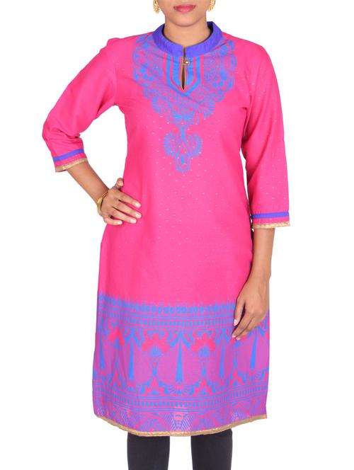pink cotton printed straight kurta - 9585736 - Very Small Image - 1