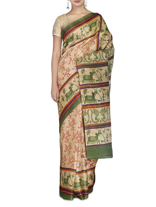 beige printed bhagalpuri silk blend saree - 9586967 - Very Small Image - 1