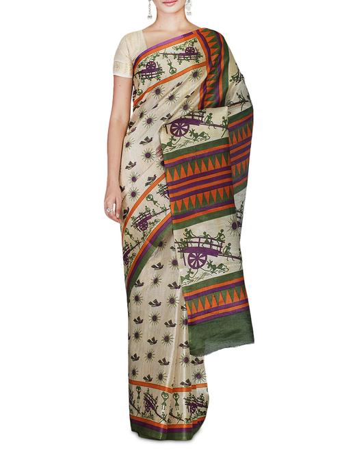 beige printed bhagalpuri silk blend saree - 9586985 - Very Small Image - 1