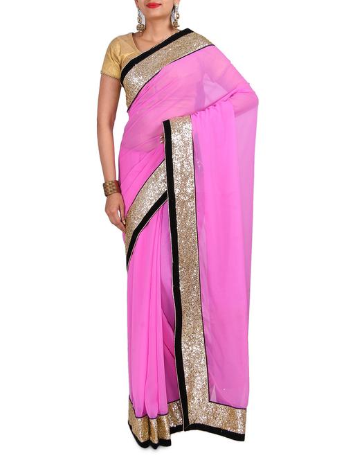 pink georgette sequin worked saree - 9588577 - Very Small Image - 1