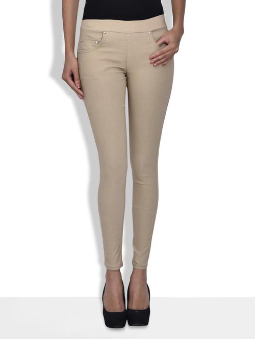 beige cotton lycra leggings - 9589868 - Very Small Image - 1