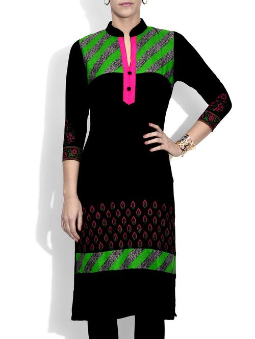 black printed rayon kurta - 9590044 - Very Small Image - 1