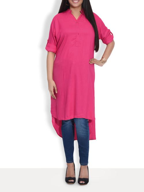 solid pink rayon hi-low kurta - 9590448 - Very Small Image - 1