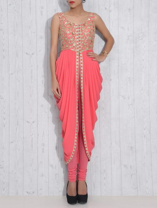 peach georgette and net embroidered jacket style dress - 9591021 - Very Small Image - 1