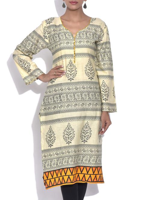 cream and black printed cotton kurta - 9591077 - Very Small Image - 1