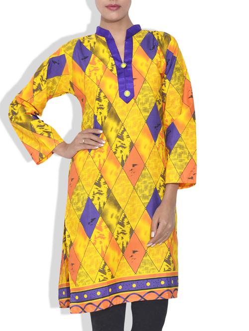 yellow geometrical printed cotton kurta - 9591105 - Very Small Image - 1