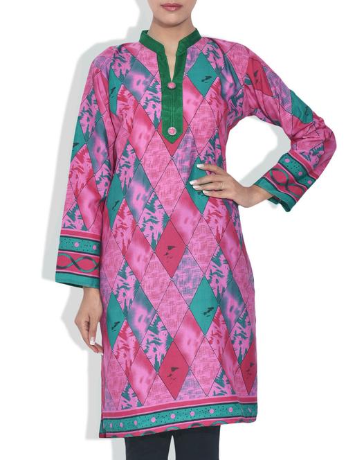 mauve geometrical printed cotton kurta - 9591106 - Very Small Image - 1