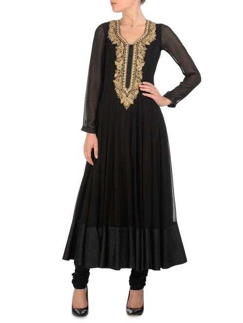 black gathered stitched kurta set - 9592868 - Very Small Image - 1