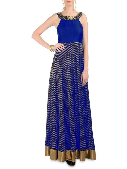 royal blue floor length stitched kurta set - 9592880 - Very Small Image - 1