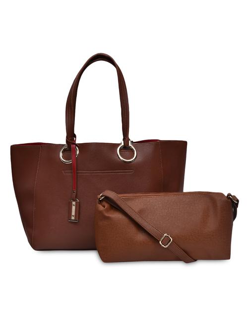 solid brown faux leather handbag with pouch - 9594028 - Very Small Image - 1