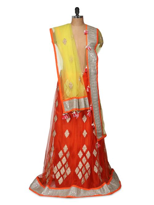 orange and yellow net lehenga set - 959541 - Very Small Image - 1