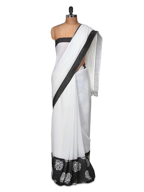 graceful white saree with rosette border - 959554 - Very Small Image - 1