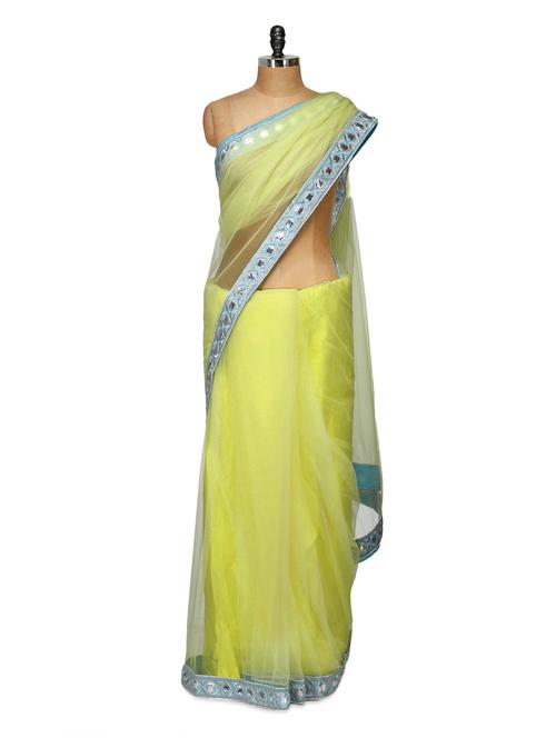lemon yellow net saree - 959562 - Very Small Image - 1