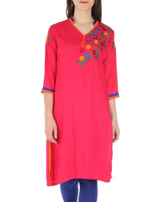 pink rayon embroidered kurti - 9595783 - Very Small Image - 1