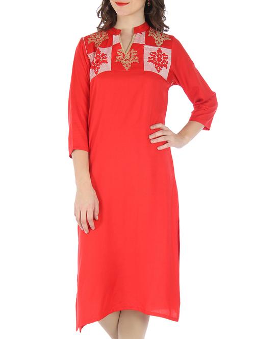 red rayon embroidered kurta - 9595802 - Very Small Image - 1