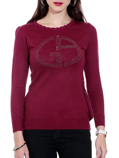 maroon embellished woolen pullover with back buttons - 9596358 - Very Small Image - 1