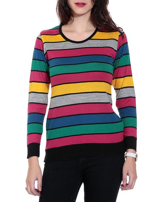 multicolored striped woolen pullover with self design - 9596370 - Very Small Image - 1
