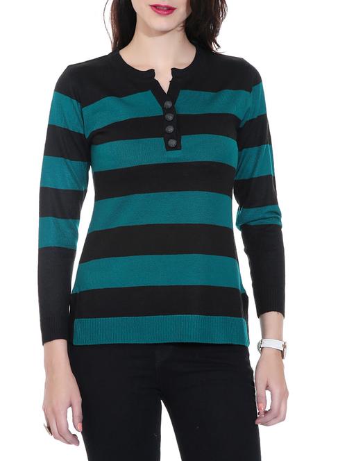teal green and black striped woolen pullover - 9596375 - Very Small Image - 1