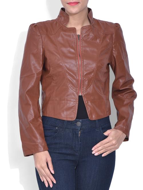 solid brown faux leather jacket - 9605318 - Very Small Image - 1