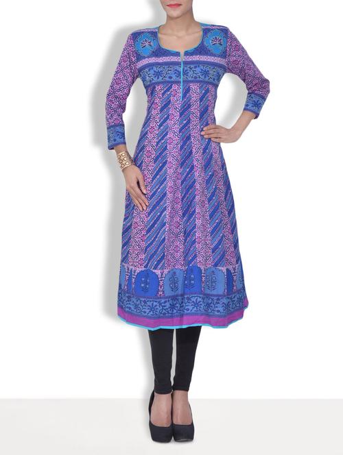 blue cotton printed anarkali kurta - 9608190 - Very Small Image - 1