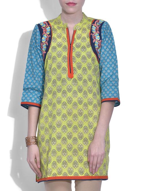 green & blue cotton printed kurta - 9608194 - Very Small Image - 1