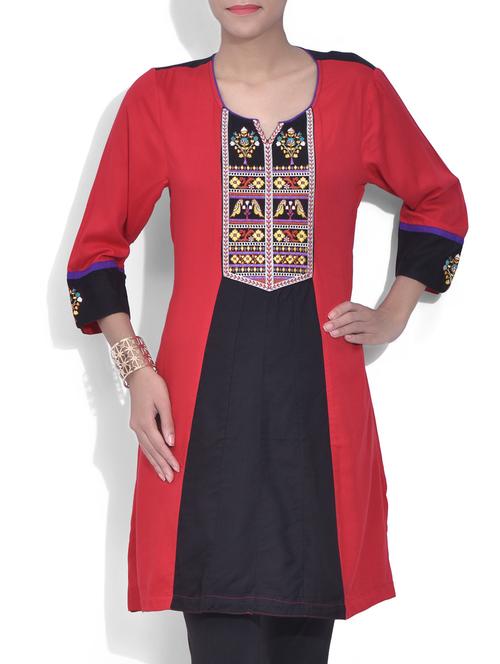red and black rayon embroidered tunic - 9608234 - Very Small Image - 1