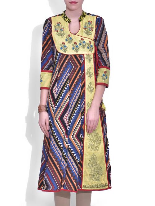 multicoloured cotton embroidered and printed angrakha kurta - 9608270 - Very Small Image - 1