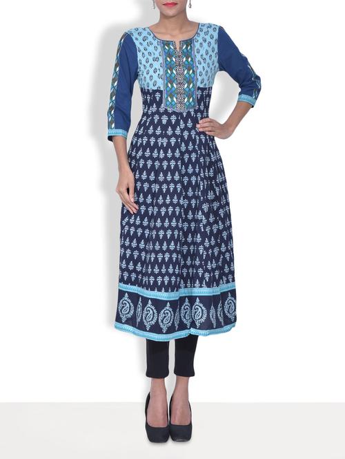 blue cotton printed anarkali kurta - 9608278 - Very Small Image - 1