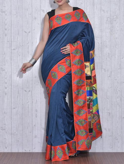 navy blue patch worked chanderi silk saree - 9609388 - Very Small Image - 1