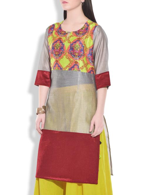 grey and maroon damask chanderi silk kurta - 9609403 - Very Small Image - 1